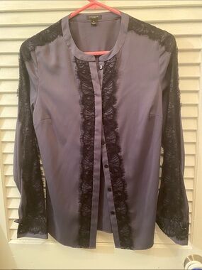 Ann Taylor Black-Trim Navy Silk Lace Blouse